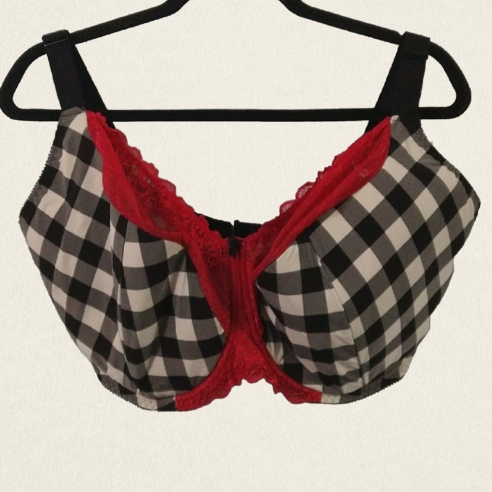 Viva Volumptuos Black & White Checkered Bra with Red Lace, 36J UK, 36H US, NWOT